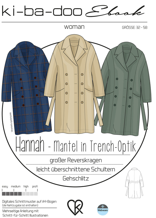 ebook Mantel Hannah Damen | Größe 32-58 DIN A4 PDF zum download