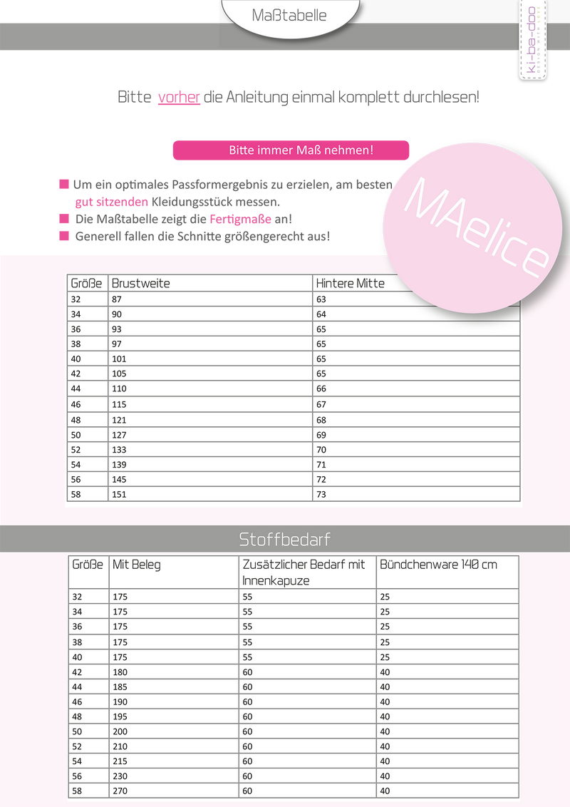 ebook Hoodie Maelice | Größe 32-58 DIN A4 PDF zum download