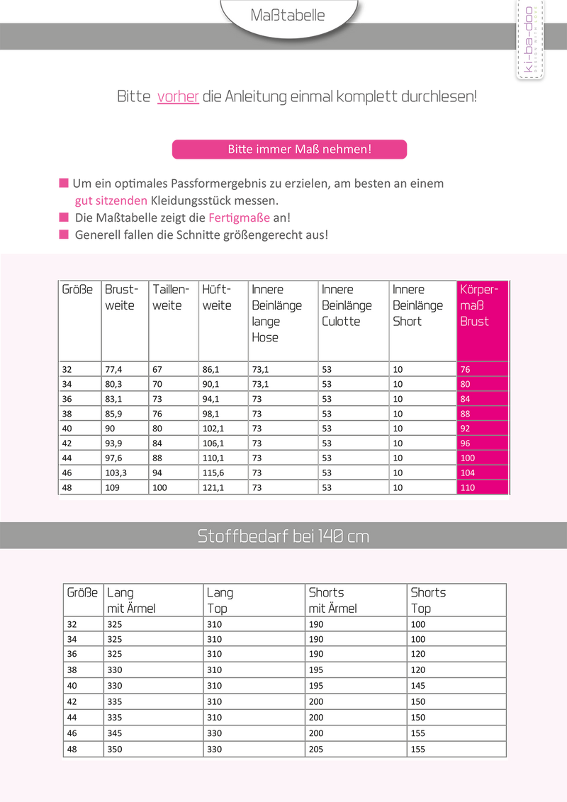 ebook Jerseyoverall Gini | Größe 32-48 DIN A4 PDF zum downlaod Maßtabelle