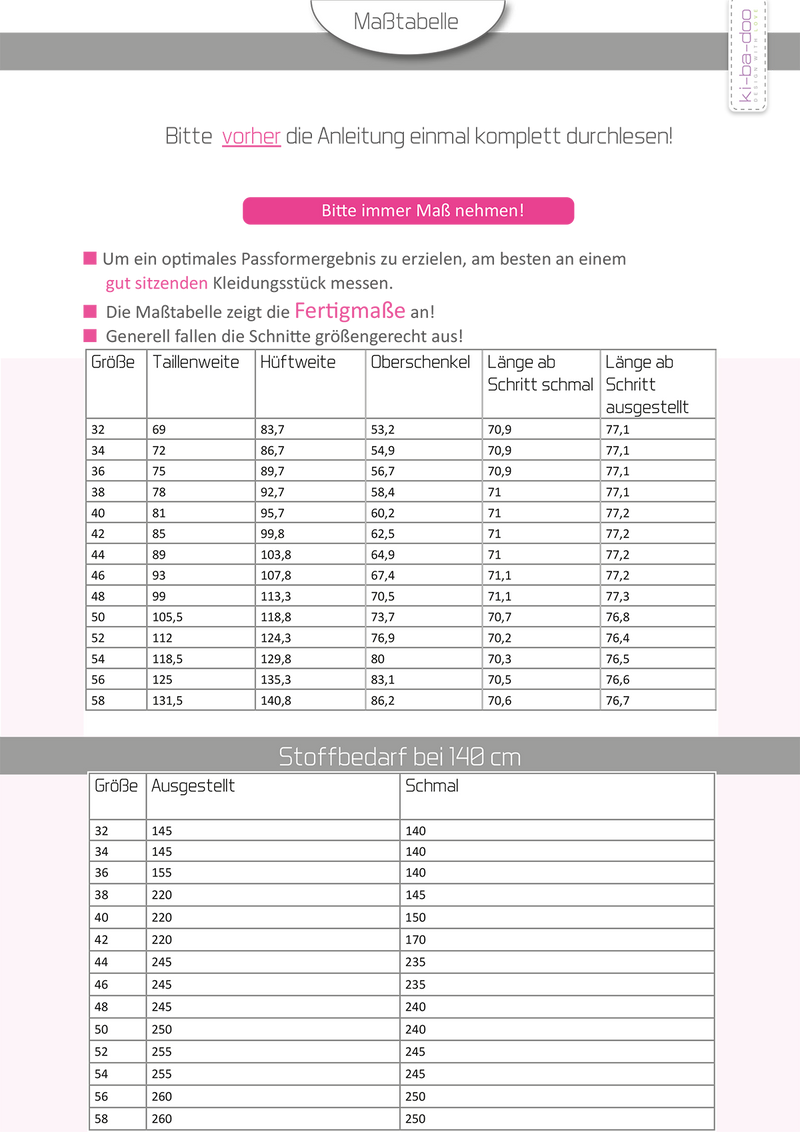 ebook Jeggings | Größe 32-58 DIN A4 PDF zum downlaod Maßtabelle