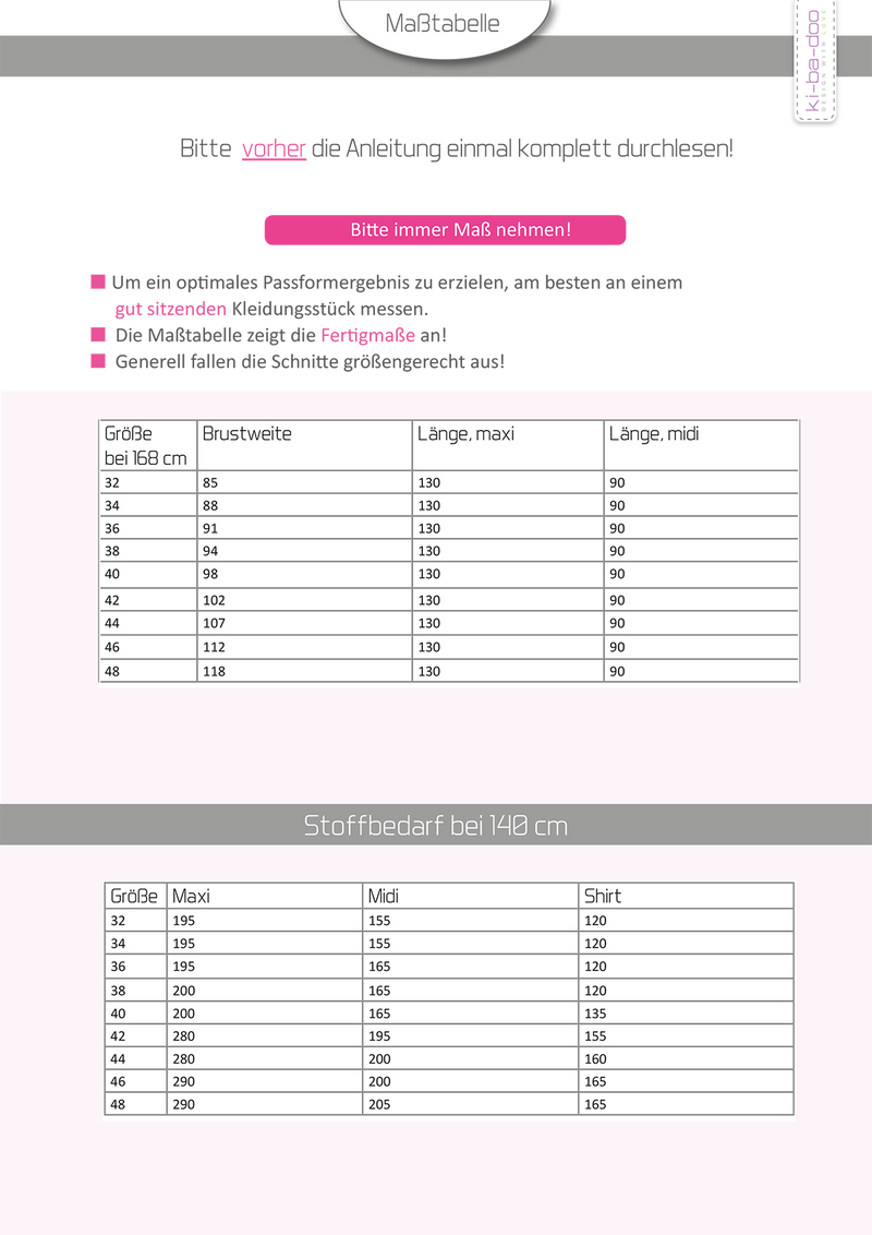 ebook Jersey Kleid Lynna | Größe 32-48 DIN A4 PDF zum download Maßatbelle