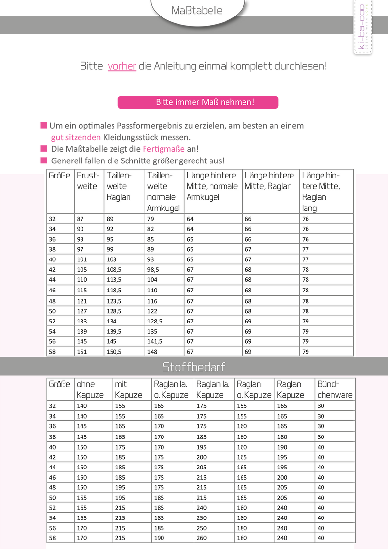 ebook Mix&Match Sweater Damen  | Größe 32-58 DIN A4 PDF zum download Maßtabelle