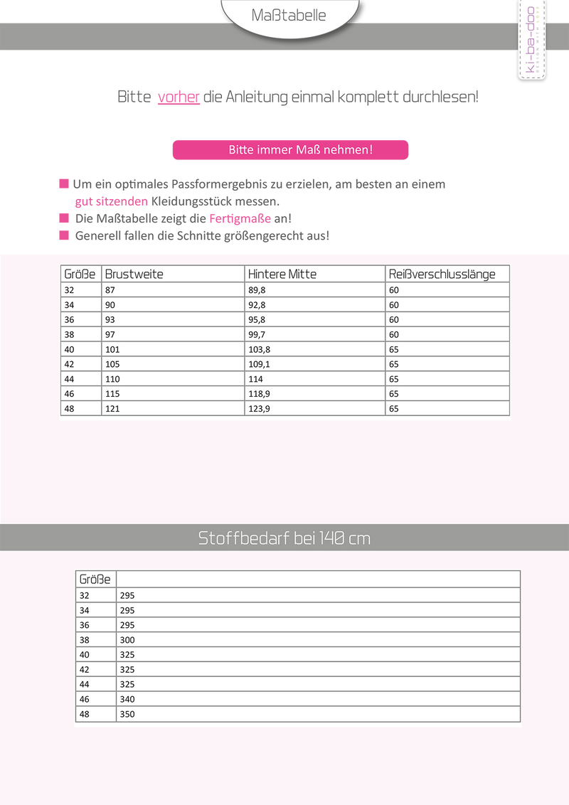 ebook Raglan Jumpsuit Damen | Größe 32-48 DIN A4 PDF zum download Maßtabelle