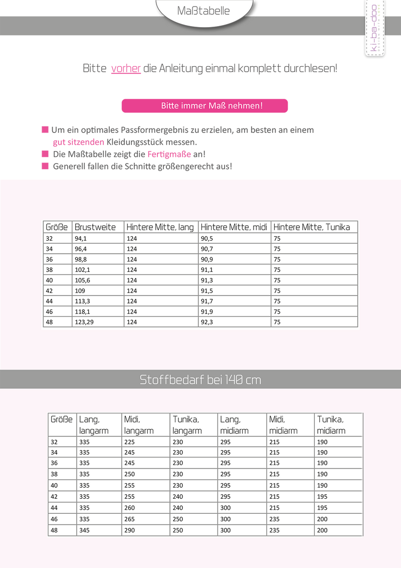 ebook Kleid Lilly | Größe 32-48 DIN A4 PDF zum downlaod Maßtabelle