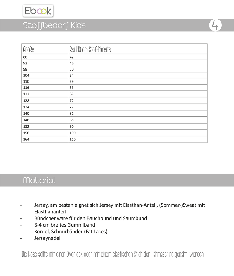ebook schmale Basic Sweat-Hose | Größe 86-164 DIN A4 PDF zum download Maßtabelle